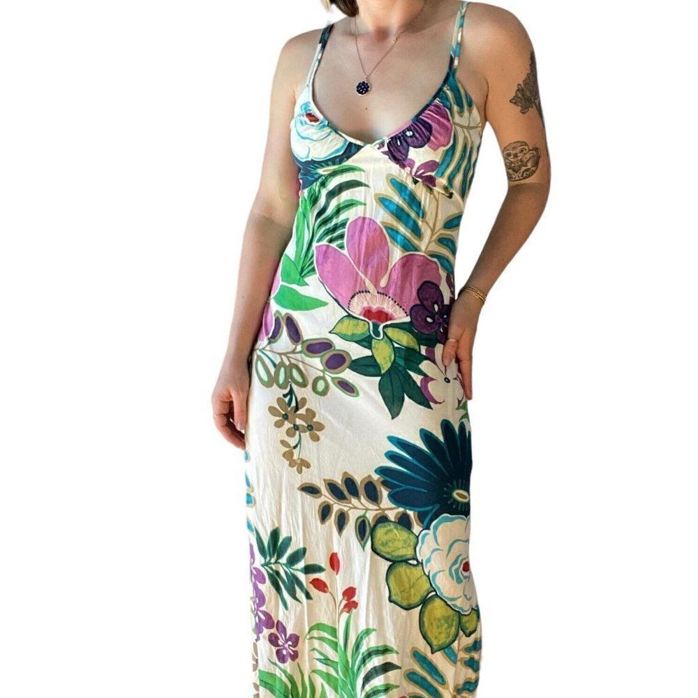 Vintage 1990s Jams World Hawaiian Floral Tropical V Neck Cotton Maxi Dress Sz S